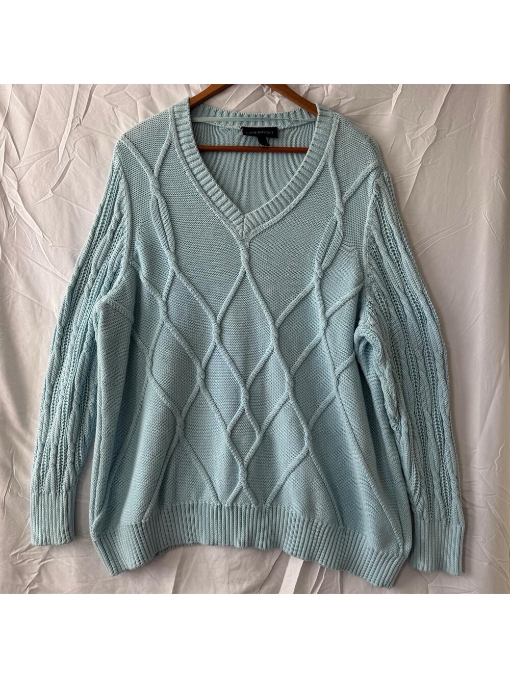 Lane Bryant Sweater 26/28 2X Blue Cable Knit V-Neck Diamond Plus